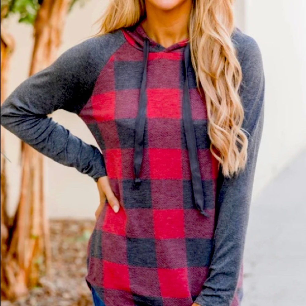 Red and grey Buffalo plaid shirt with hood